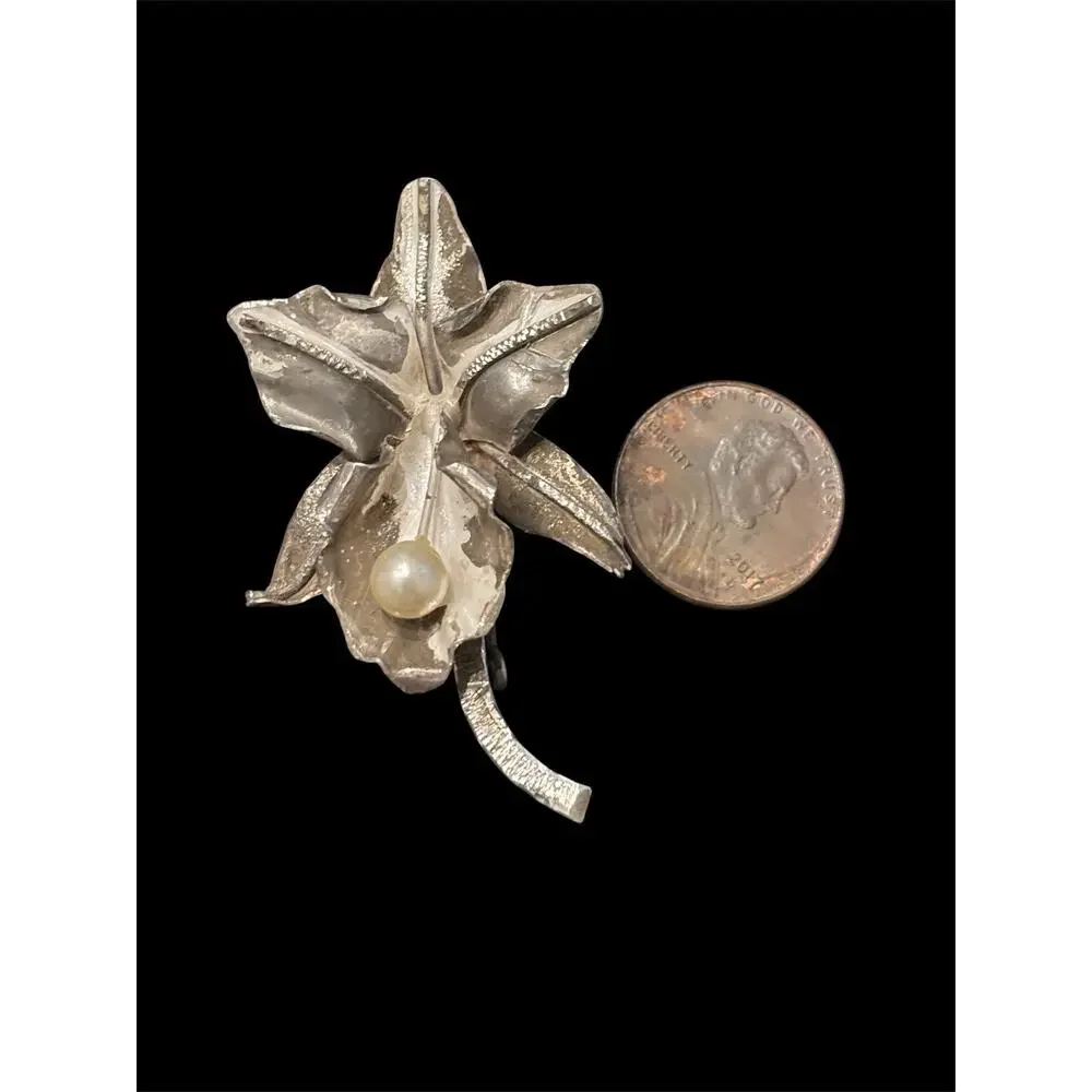 Vtg Sterling Silver Acid Etched Orchid Brooch 925 5.9g